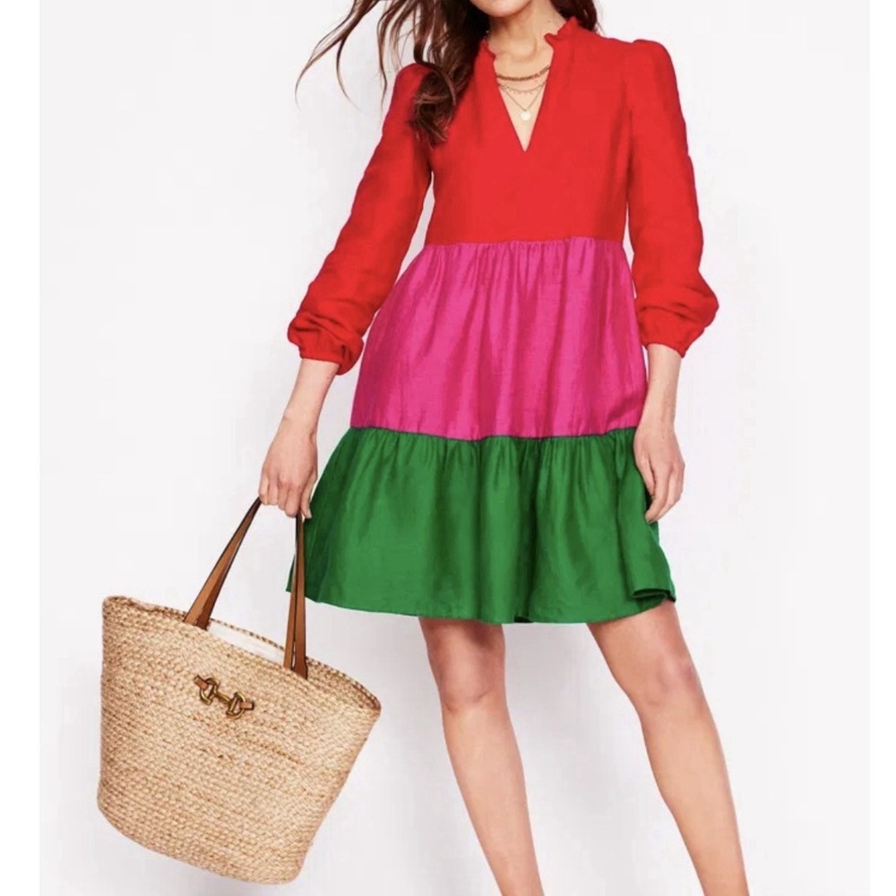 Boden Women Green Esme 100% Linen Short Dress 4L Colorful Block